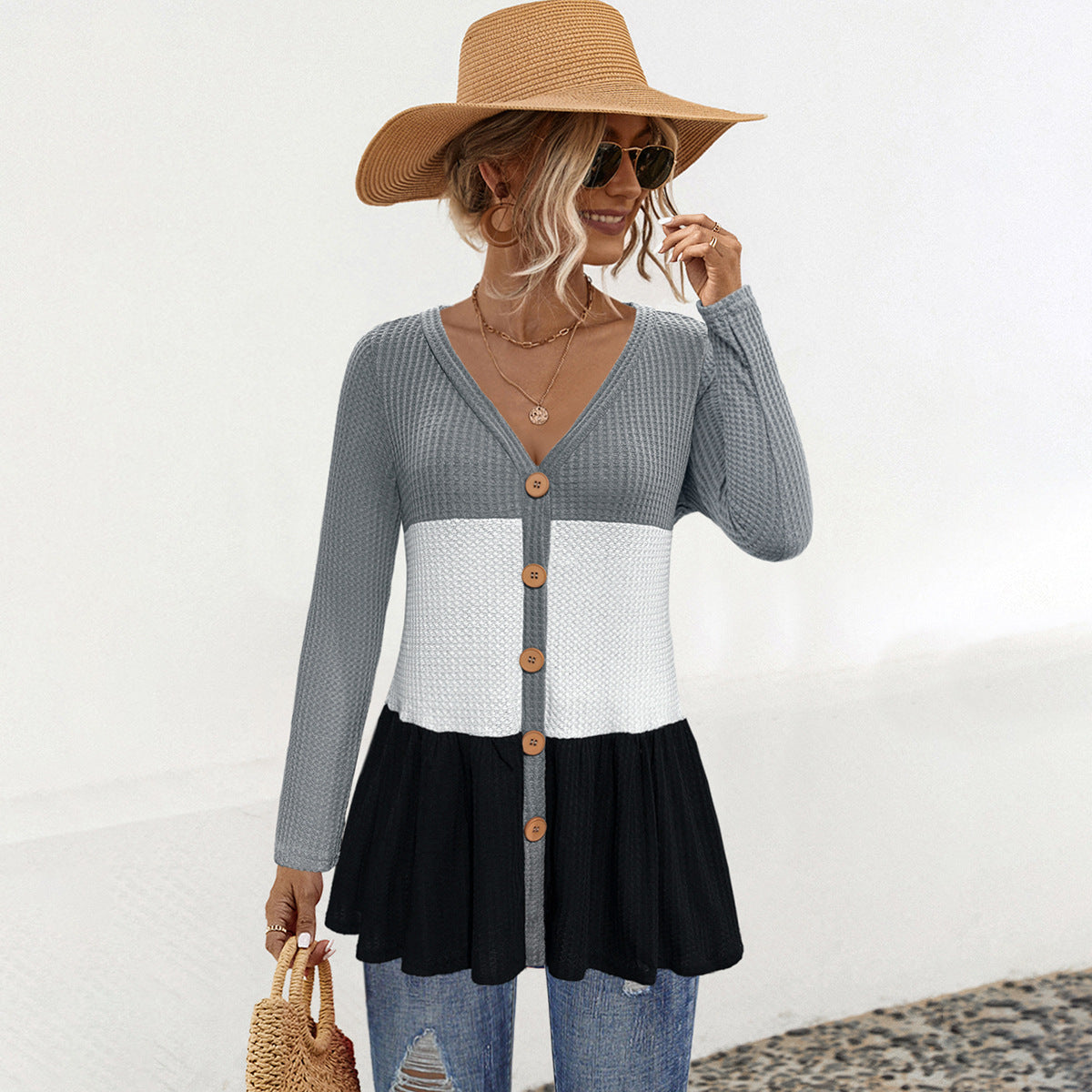 Damen Langarm Cardigan mit farbenfrohem Blockmuster und Knopf-Detail WW