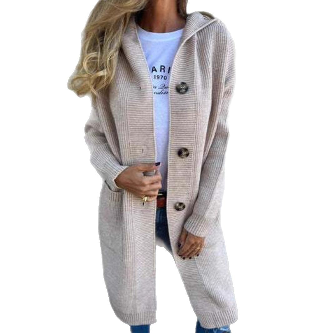 Damen Strickmantel mit Kapuze und Knöpfen WW