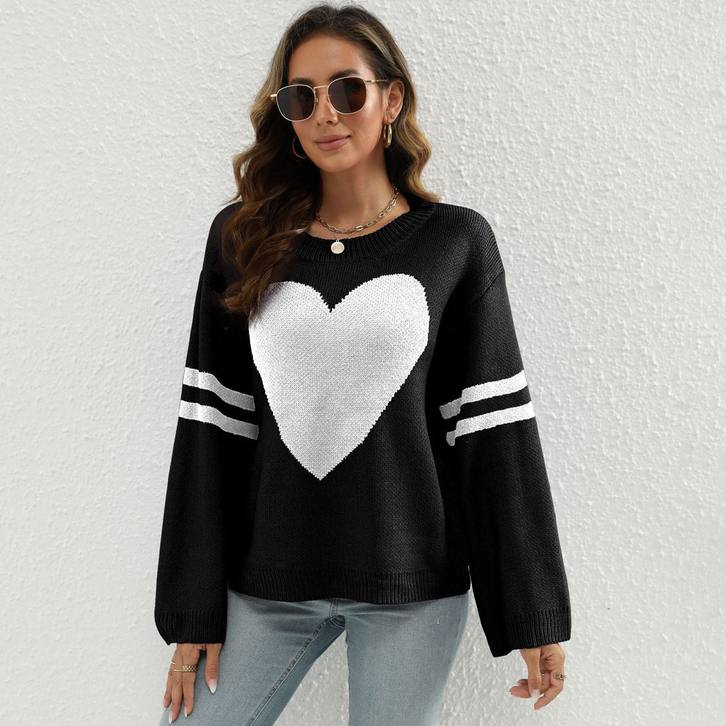 Damen Strickpullover mit Herzmotiv und lässigen Ärmelabschlüssen WW
