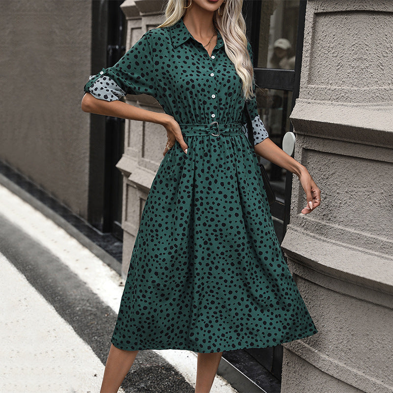 Damen Midi-Kleid mit punktiertem Muster und tailliertem Gürtel WW