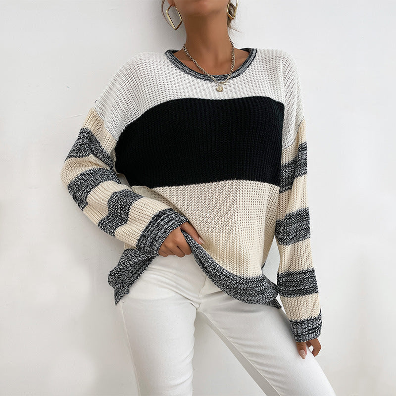 Damen lockerer Strickpullover mit trendigen Blockstreifen und V-Ausschnitt WW