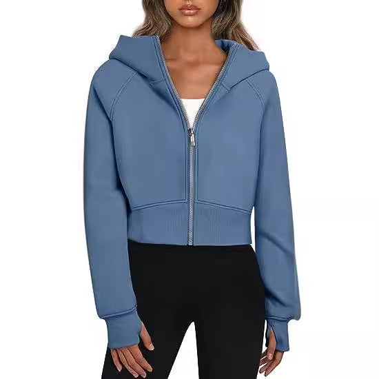 Damen cropped Kapuzenpullover mit Reißverschluss und elastischem Bund WW