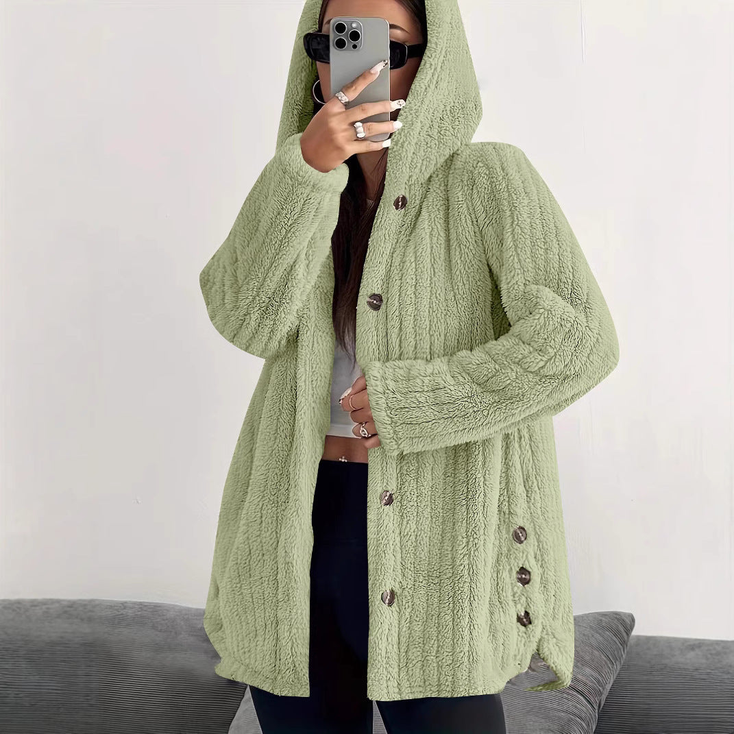 Damen kuschelige Fleecejacke mit Kapuze und Knopfverschluss WW
