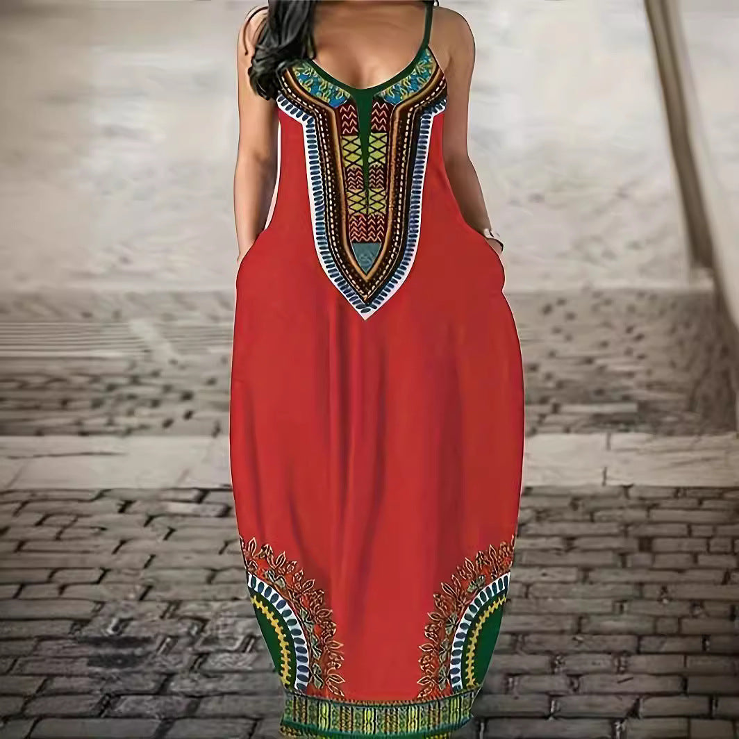 Damen Maxikleid mit künstlerischem African-Design und praktischen Taschen WW