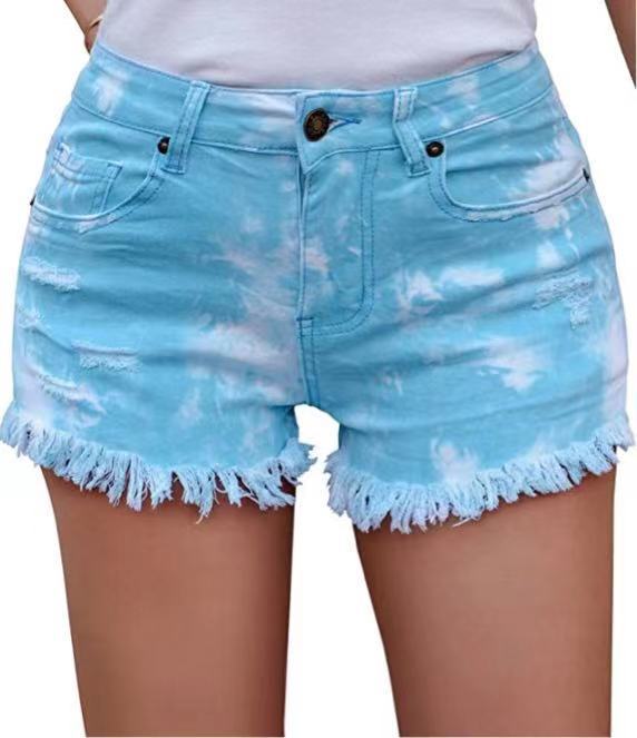 Damen lässige Denim-Shorts mit einzigartigem Batikmuster und fransigem Saum WW