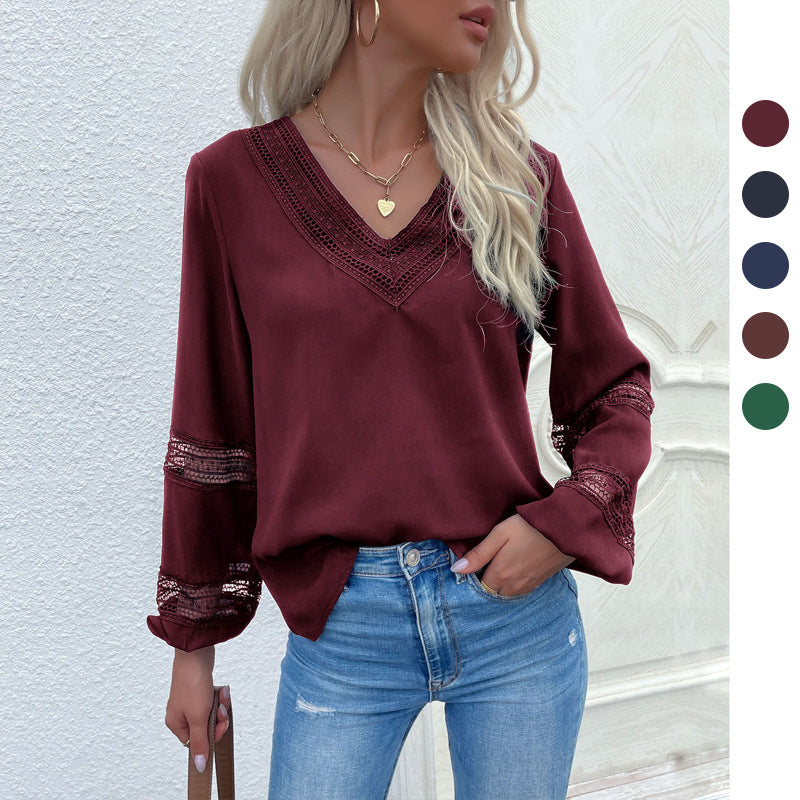 Damen Hemdbluse mit Spitzenakzenten und modernem V-Ausschnitt WW