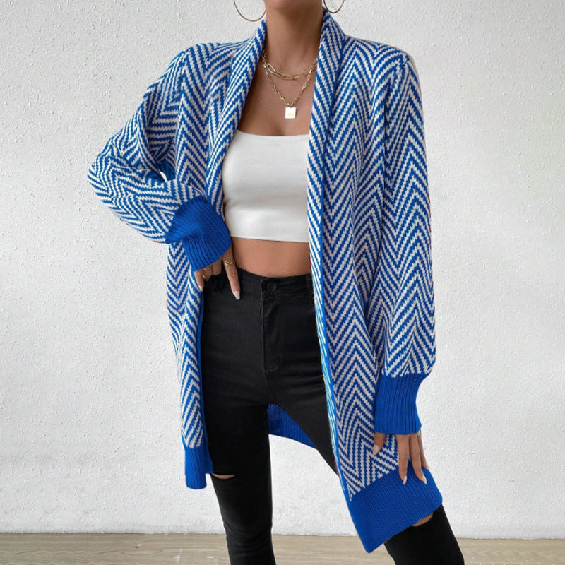 Damen langärmlige Strickjacke im modernen Chevron-Design WW
