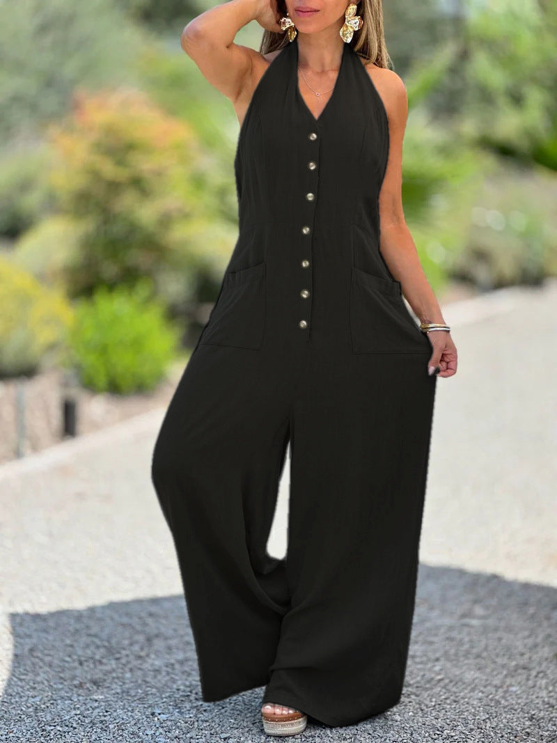 Damen Weit geschnittener Jumpsuit mit Knopfleiste und praktischen Taschen WW