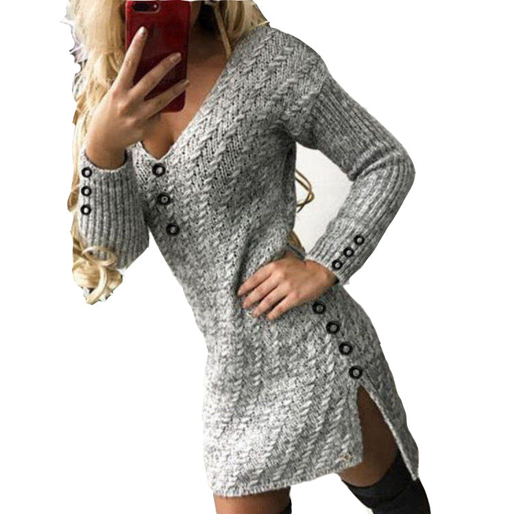 Damen Strickkleid mit V-Ausschnitt und Knopfdetails WW