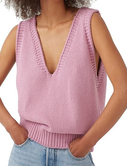 Damen lässiger Strickpullover ohne Ärmel mit tiefem V-Ausschnitt WW