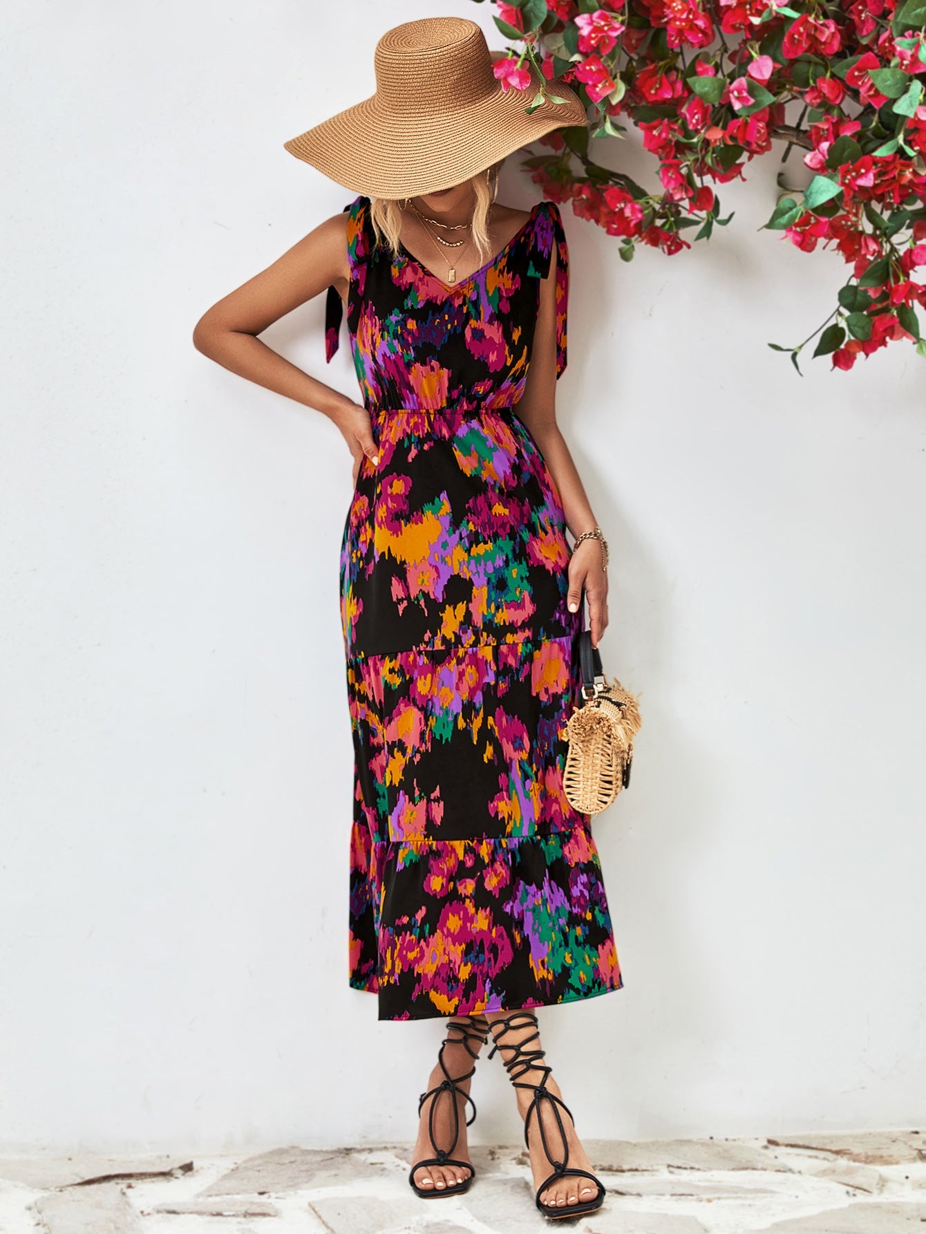 Damen Maxikleid mit raffinierten Spaghettiträgern und elastischem Bund WW