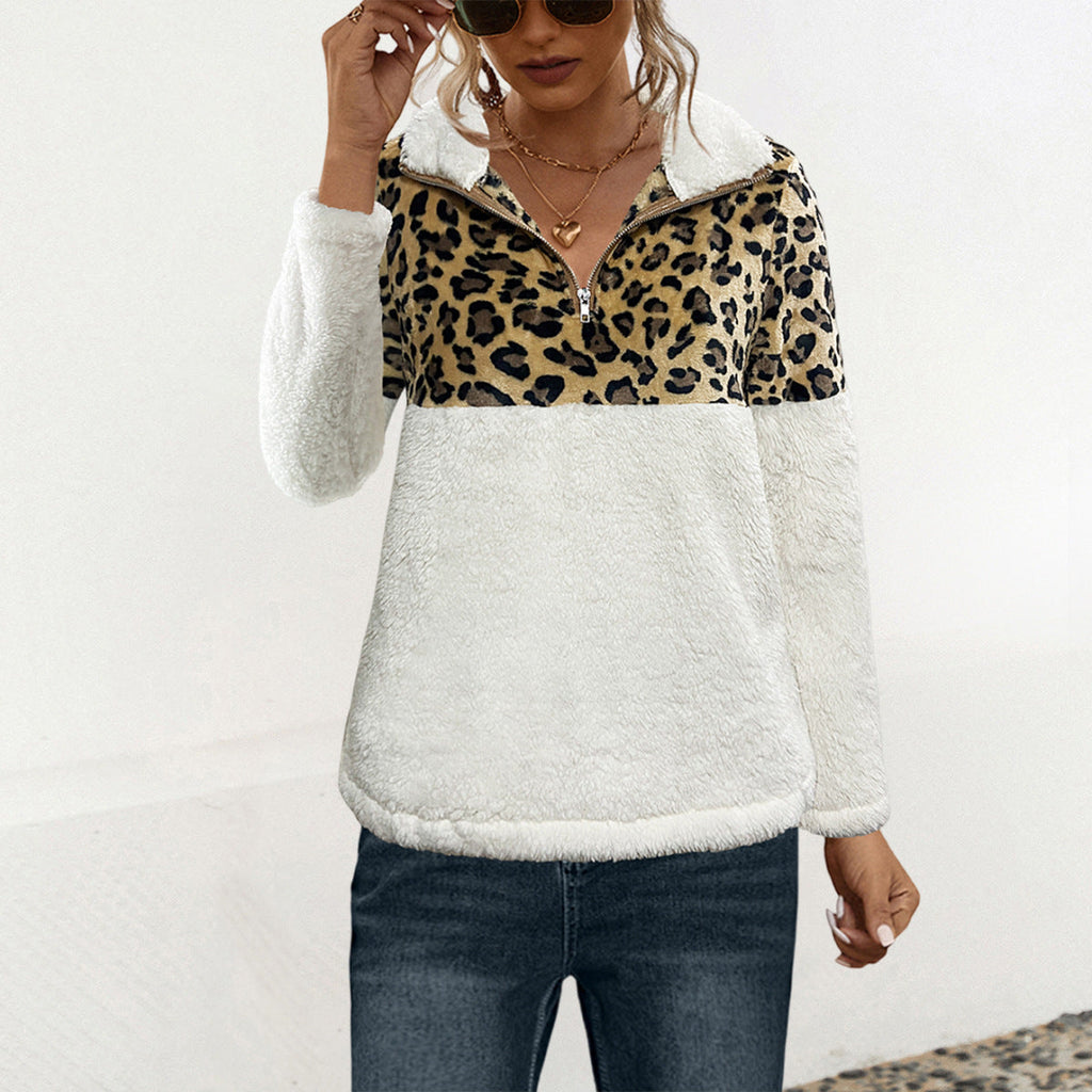 Damen Fleece-Pullover mit attraktivem Leopardenmuster und halbem Reißverschluss WW