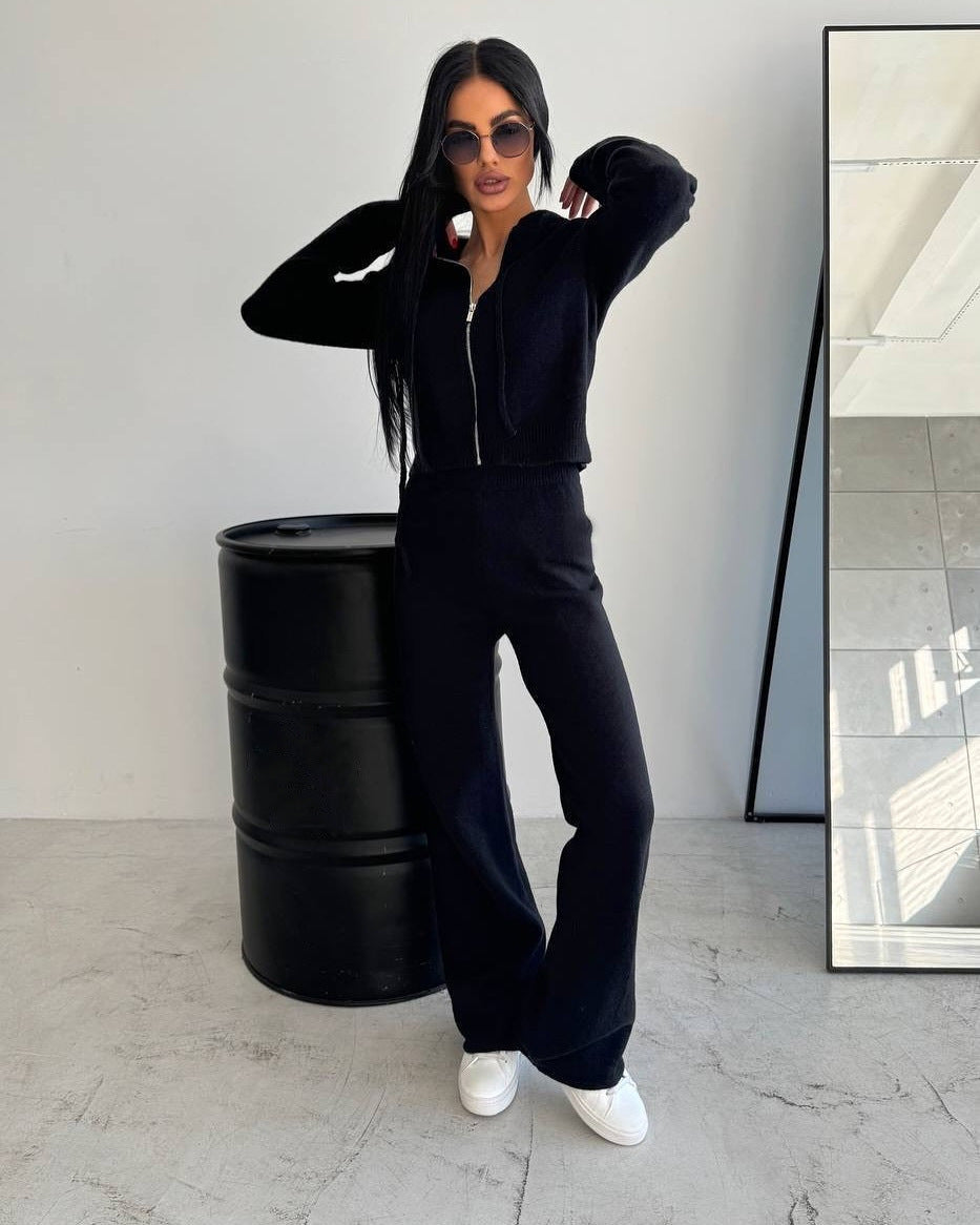Damen Strickoverall mit modischem Reißverschluss und Kapuze WW