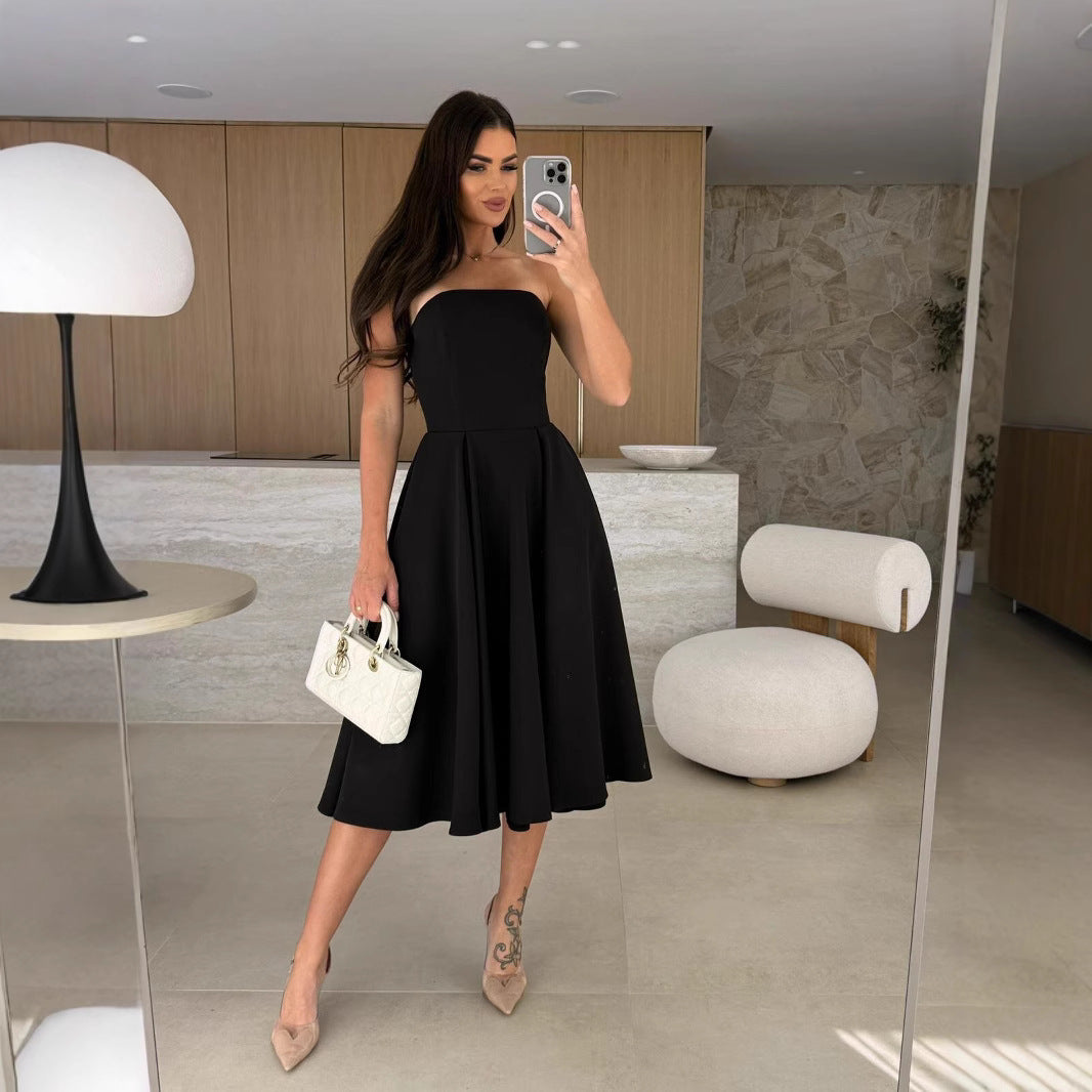 Damen A-linien Cocktailkleid mit trägerlosem Schnitt und schwingendem Rock WW