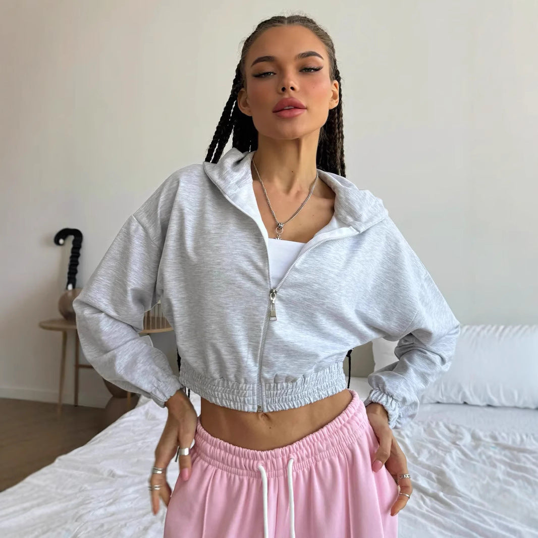Damen lässiger Cropped Hoodie mit praktischem Reißverschluss und elastischem Bund WW