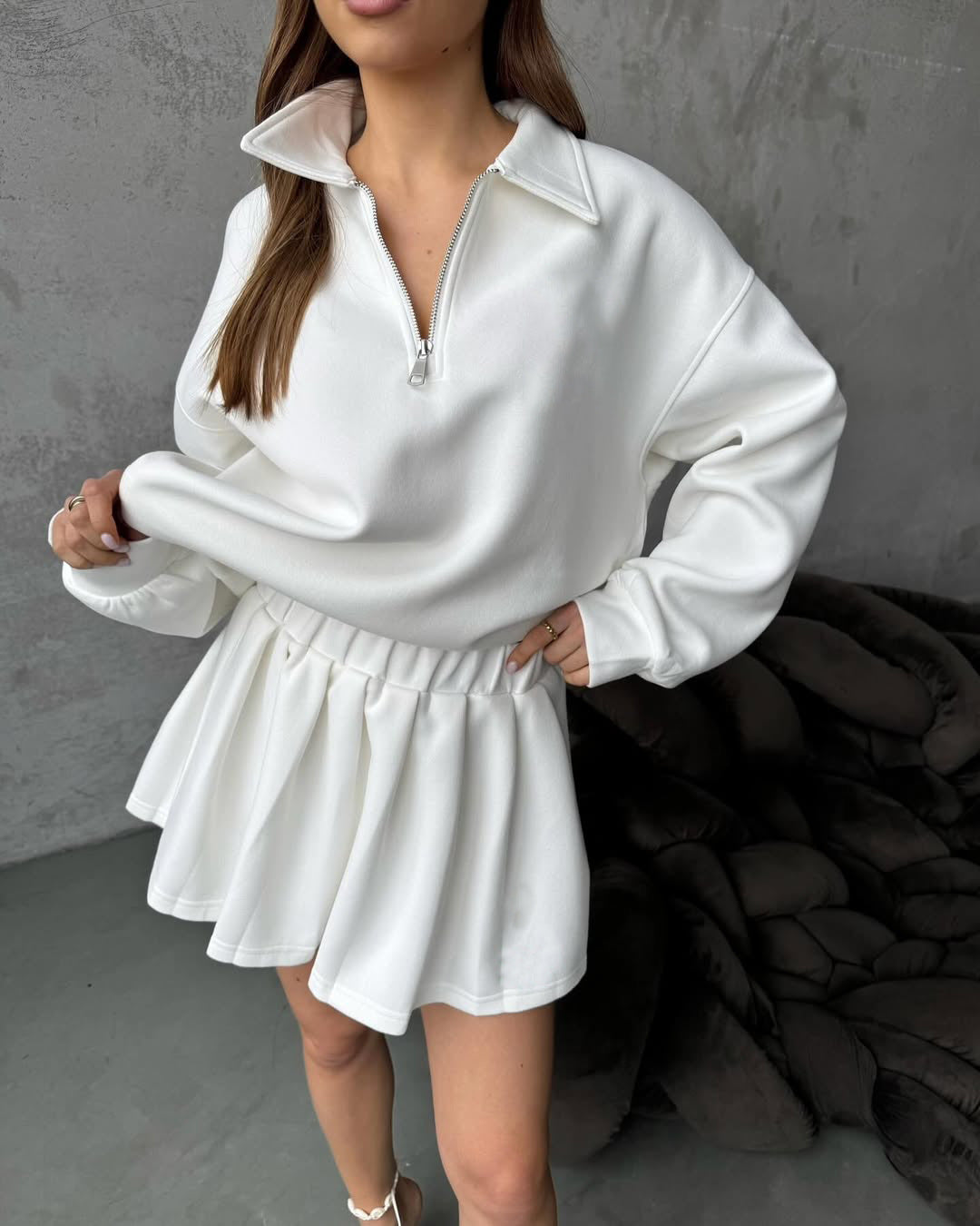 Damen lässiger Pullover mit kurzem Reißverschluss und weitem Schnitt WW