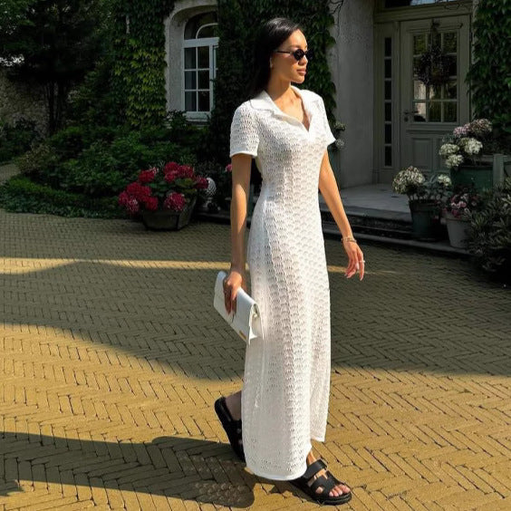 Damen Strickkleid mit raffiniertem Lochmuster und Polo-Kragen WW