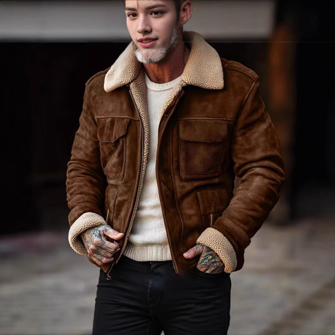 Herren Lederjacke im Vintage-Stil mit Kunstfellkragen und mehreren Taschen WW