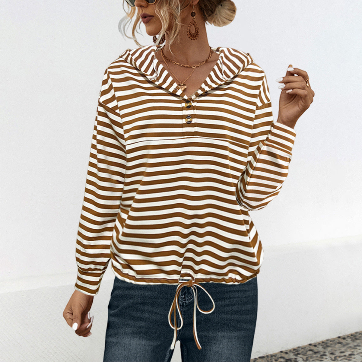 Damen lässiger Kapuzenpullover mit Streifenmuster und verstellbarem Tunnelzug WW
