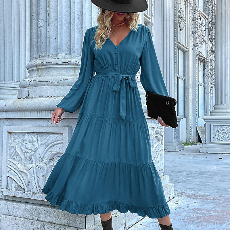 Damen Maxikleid mit Knopfleiste, Taillengürtel und Rüschensaum WW