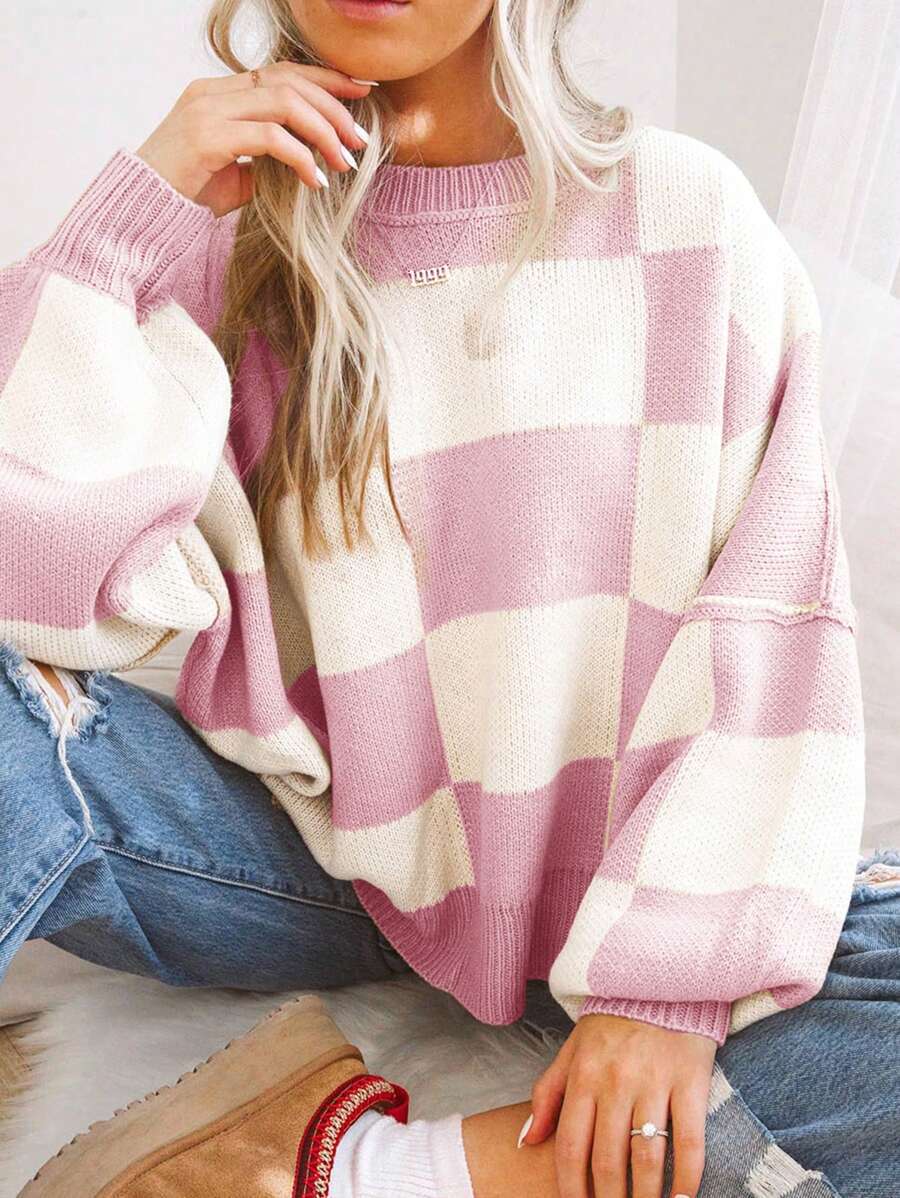 Damen modischer Pullover mit Karomuster und weitem Schnitt WW