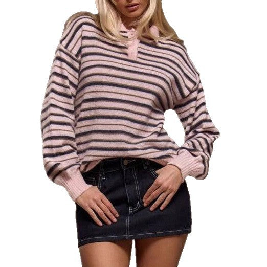 Damen gestreifter Pullover mit Polokragen WW