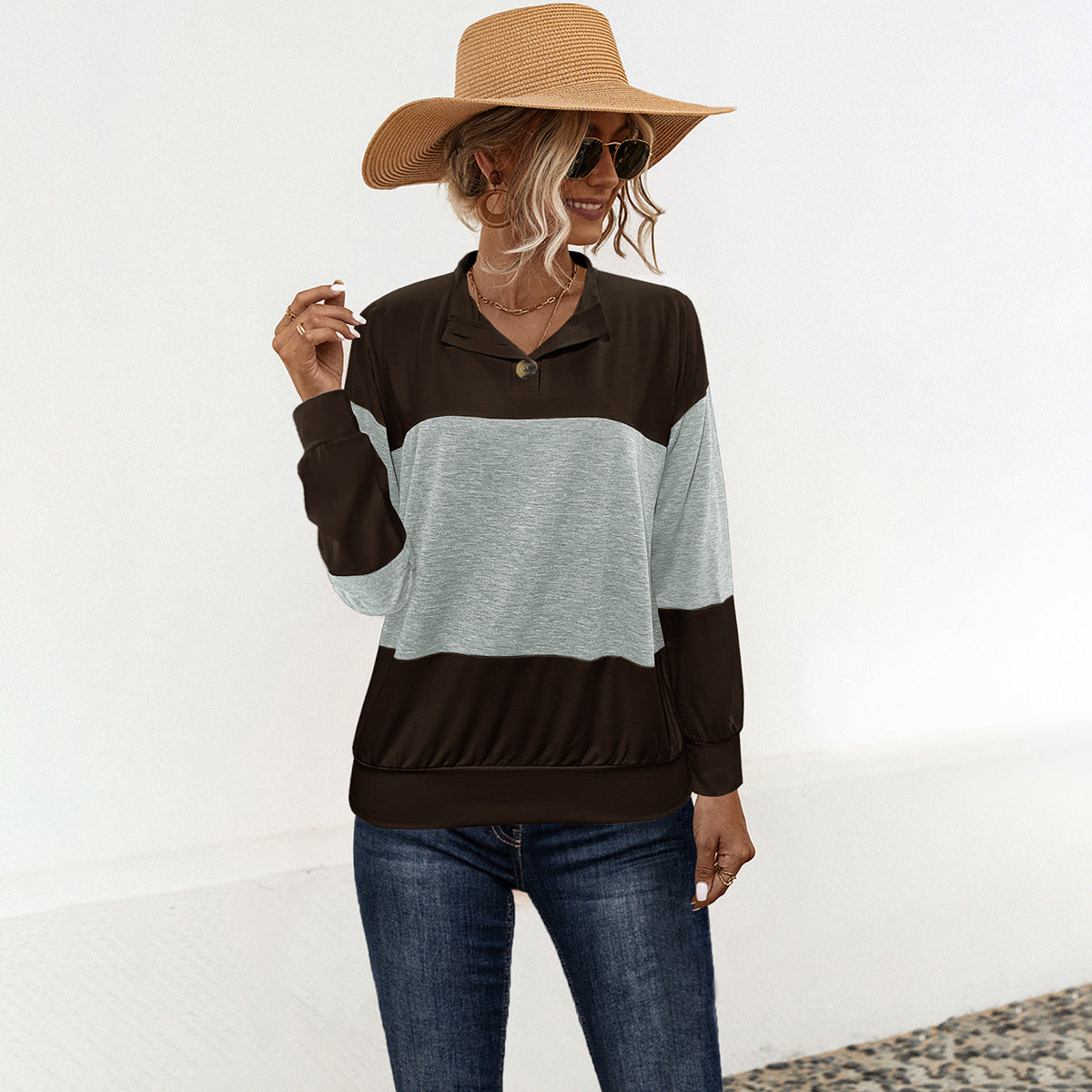 Damen Sportlicher Pullover mit modernem Farbblockdesign und funktionellem Knopf WW