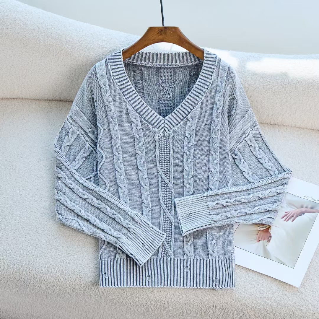 Damen Modischer Strickpullover mit V-Ausschnitt und Zopfmuster WW
