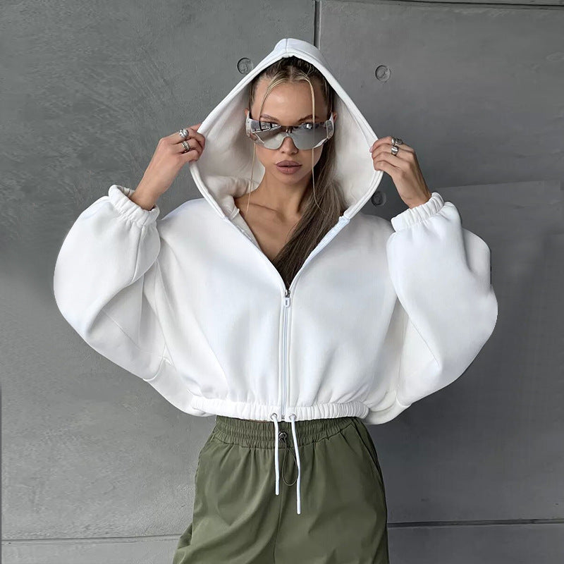 Damen Sportlicher Cropped Hoodie mit Reißverschluss und Kordelzug WW