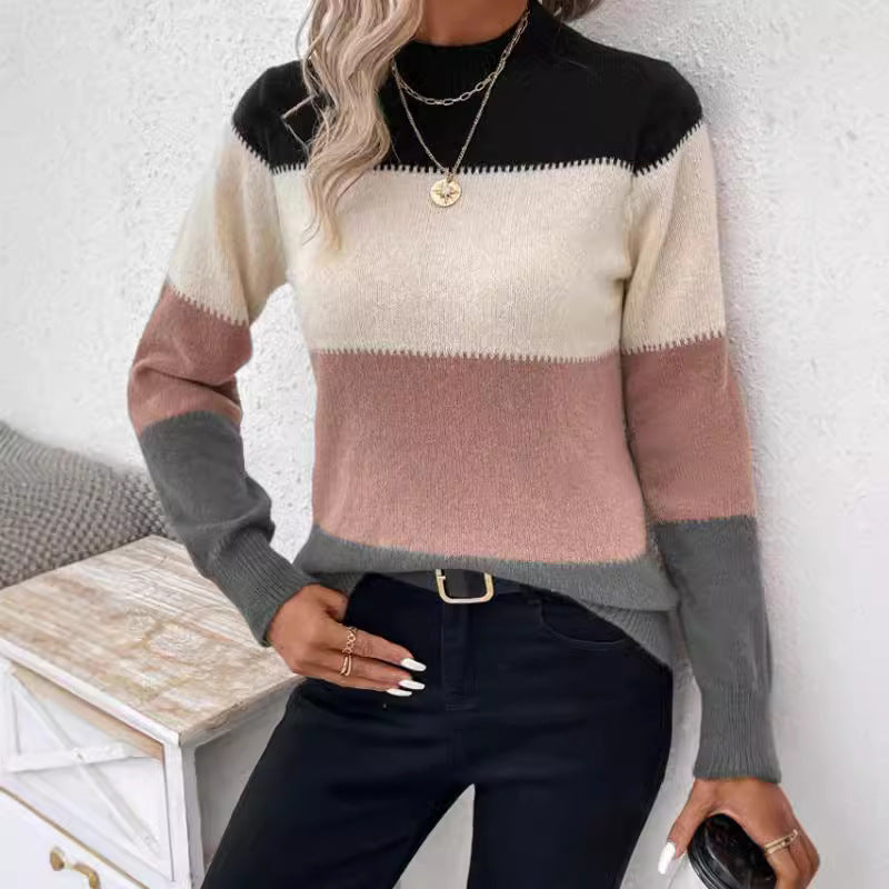 Damen modischer Strickpullover mit trendigem Blockstreifen und steigendem Kragen WW