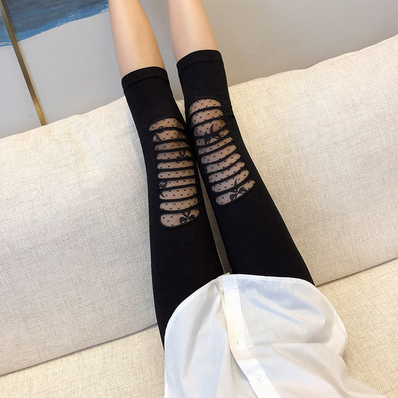 Damen Modische Leggings mit transparenten Netzdetails und Schleifen WW