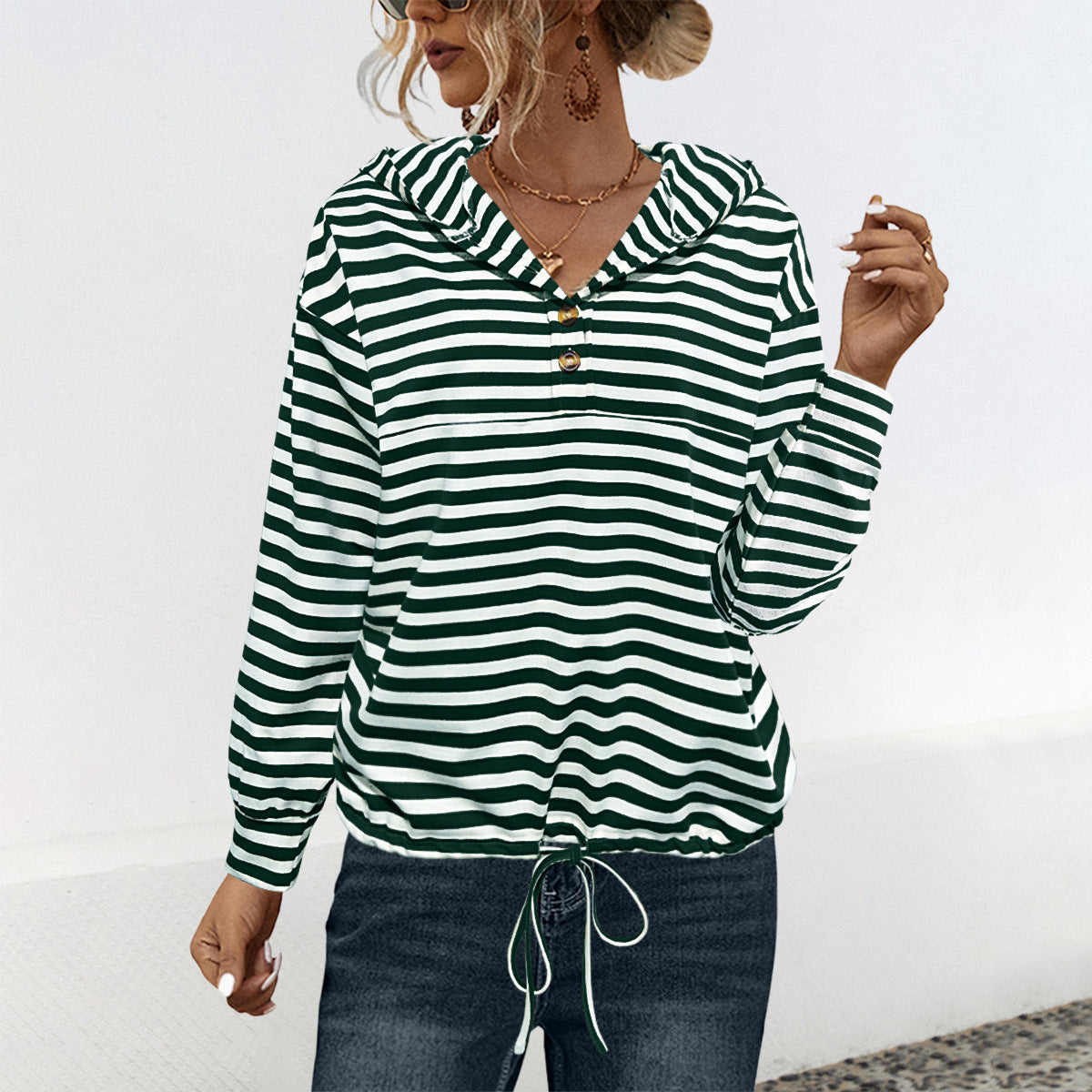 Damen lässiger Kapuzenpullover mit Streifenmuster und verstellbarem Tunnelzug WW