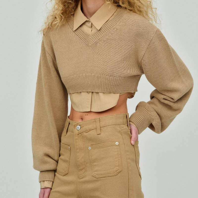 Damen Cropped Pullover mit V-Ausschnitt und langen Ärmeln WW