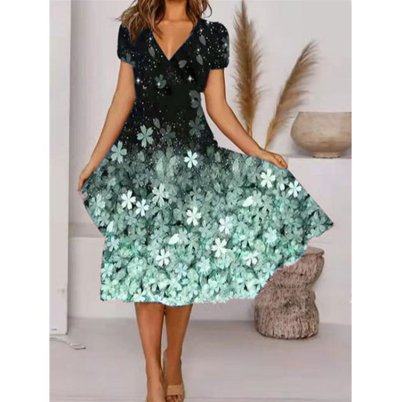 Damen A-Linie Sommerkleid mit V-Ausschnitt und floralen Akzenten WW