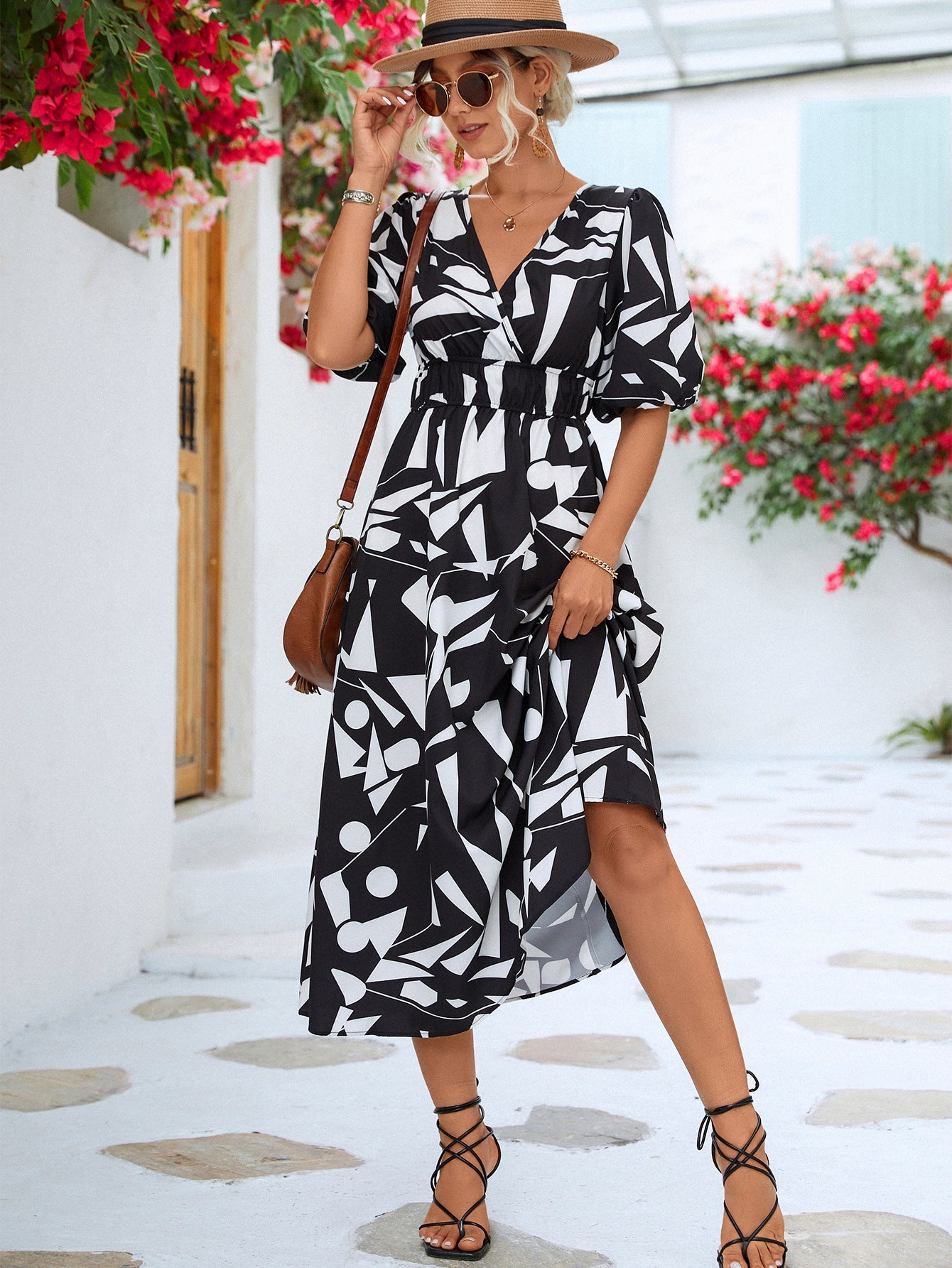 Damen Midi-Kleid mit grafischem Muster und elastischem Bund WW