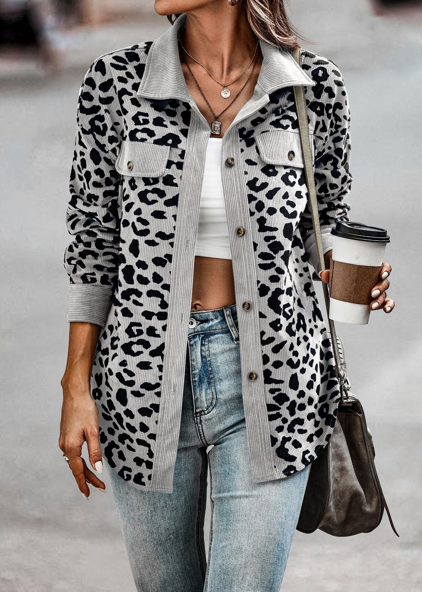 Damen Stilvolle Übergroße Leopardenmuster Jacke WW