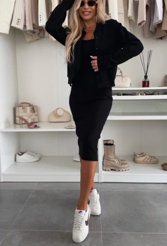 Damen Midi-Kleid mit elegantem Tailleneinsatz und lässiger Cardigan-Jacke WW