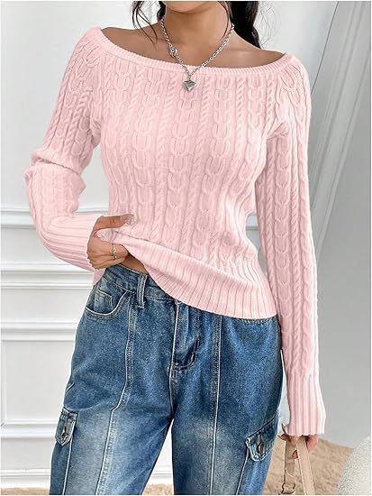 Damen Grobstrick Pullover mit offener Schulterpartie und Zopfmuster WW