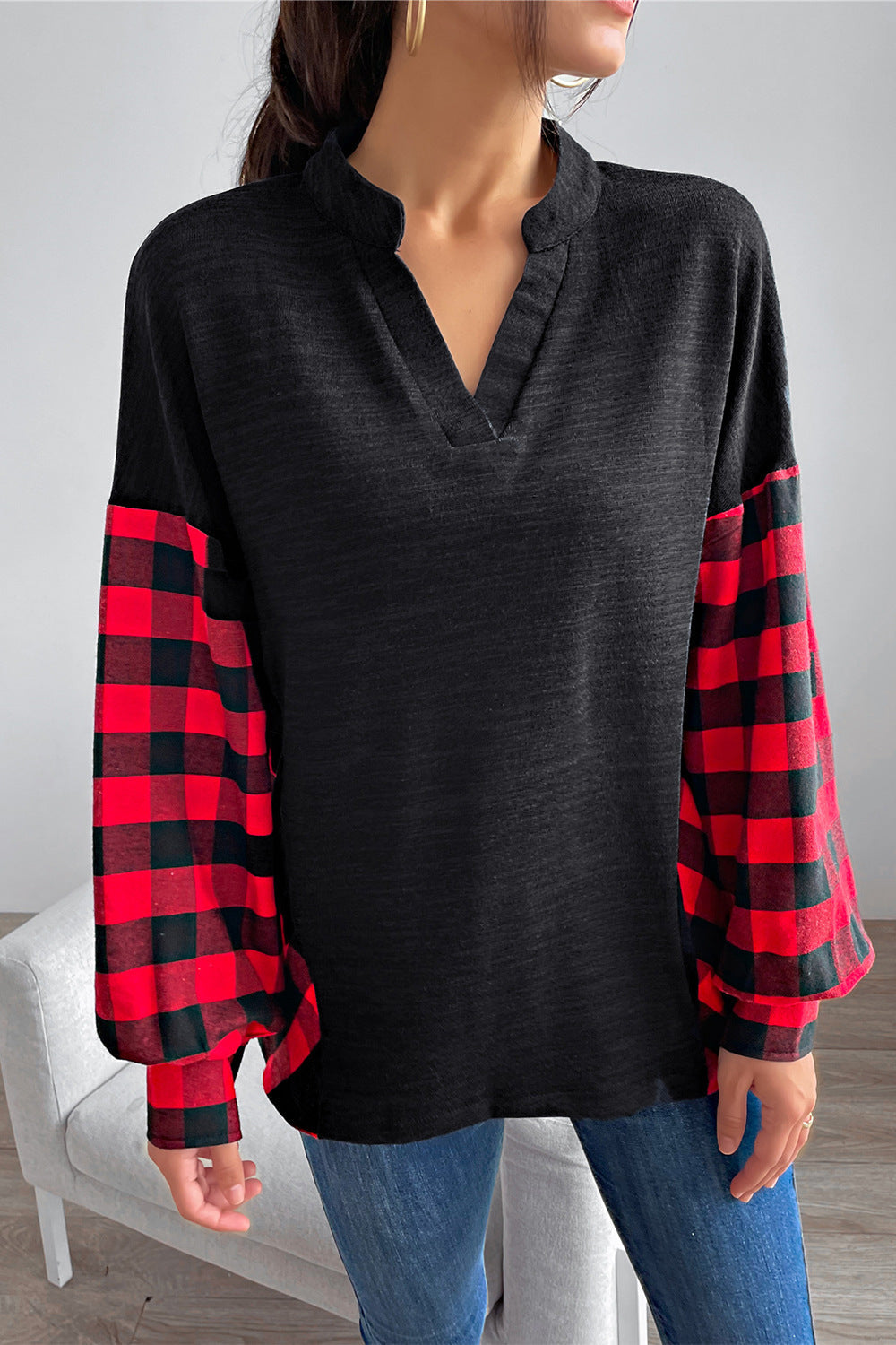 Damen Pullover mit Karomuster und modernem Stehkragen WW