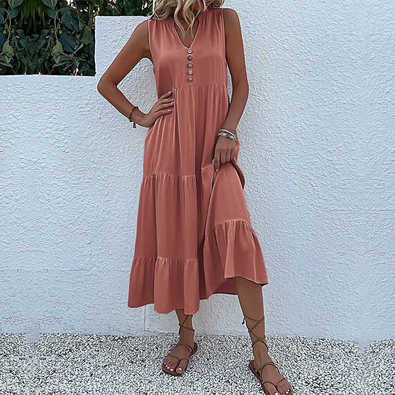 Damen Maxikleid mit Knopfdetail und voluminösem Rock WW