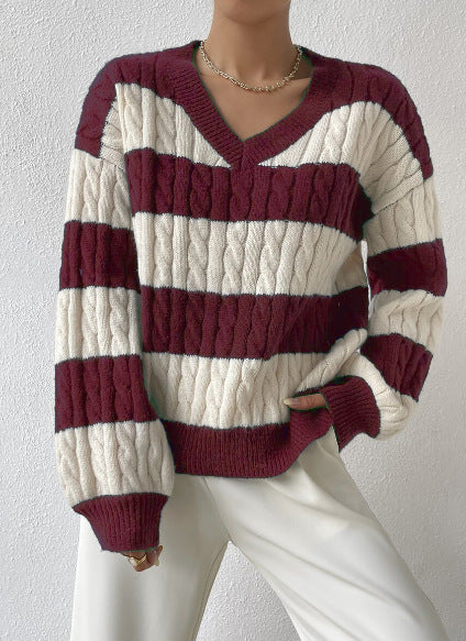 Damen V-Ausschnitt Strickpullover mit Rippstruktur und langen Ärmeln WW