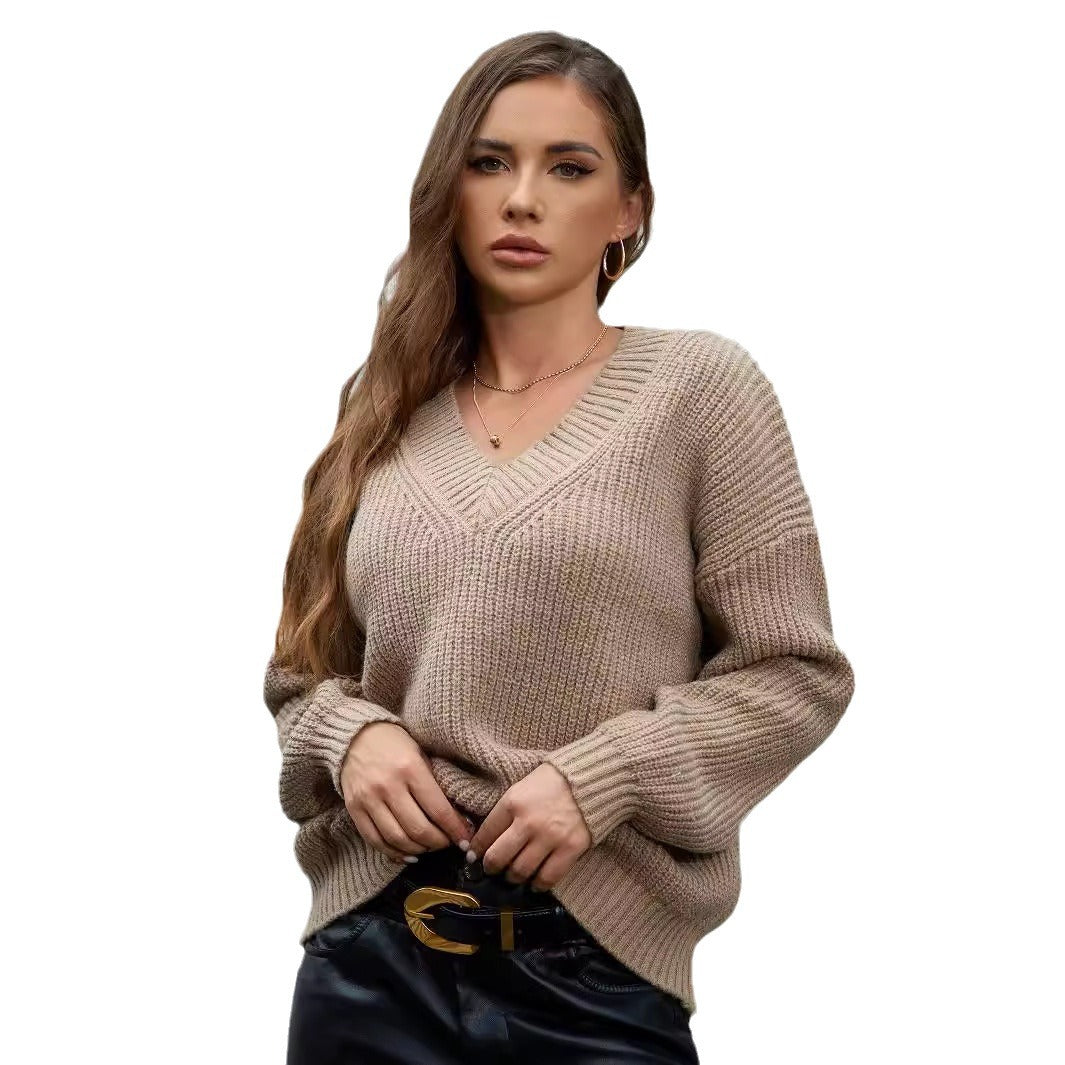 Damen gemütlicher V-Ausschnitt Strickpullover mit lockerem Schnitt und strukturiertem Muster WW