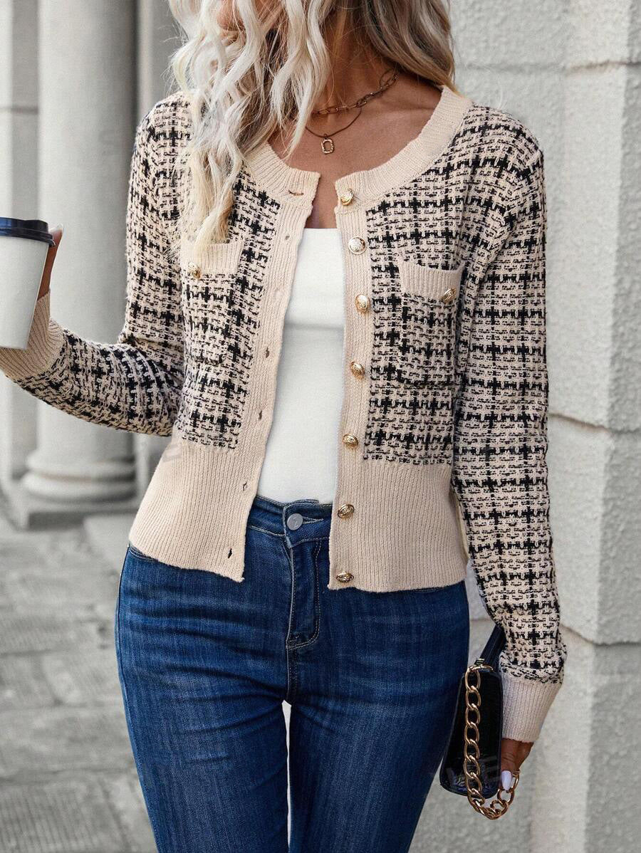 Damen stilvolle Strickjacke mit goldenen Knöpfen WW