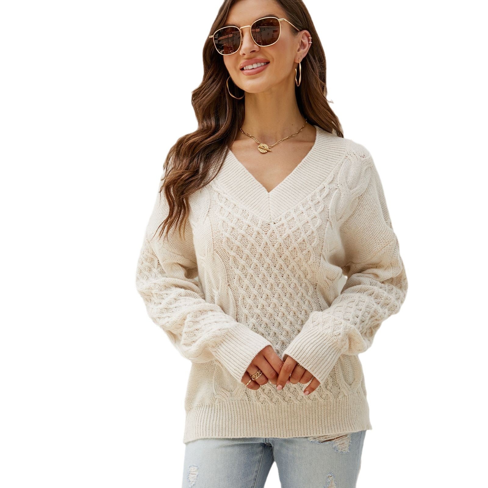 Damen Großer Strickpullover mit V-Ausschnitt und ausgefallenem Zopfmuster WW