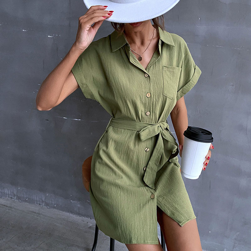 Damen Hemdblusenkleid mit Taillengürtel und Kurzarm WW