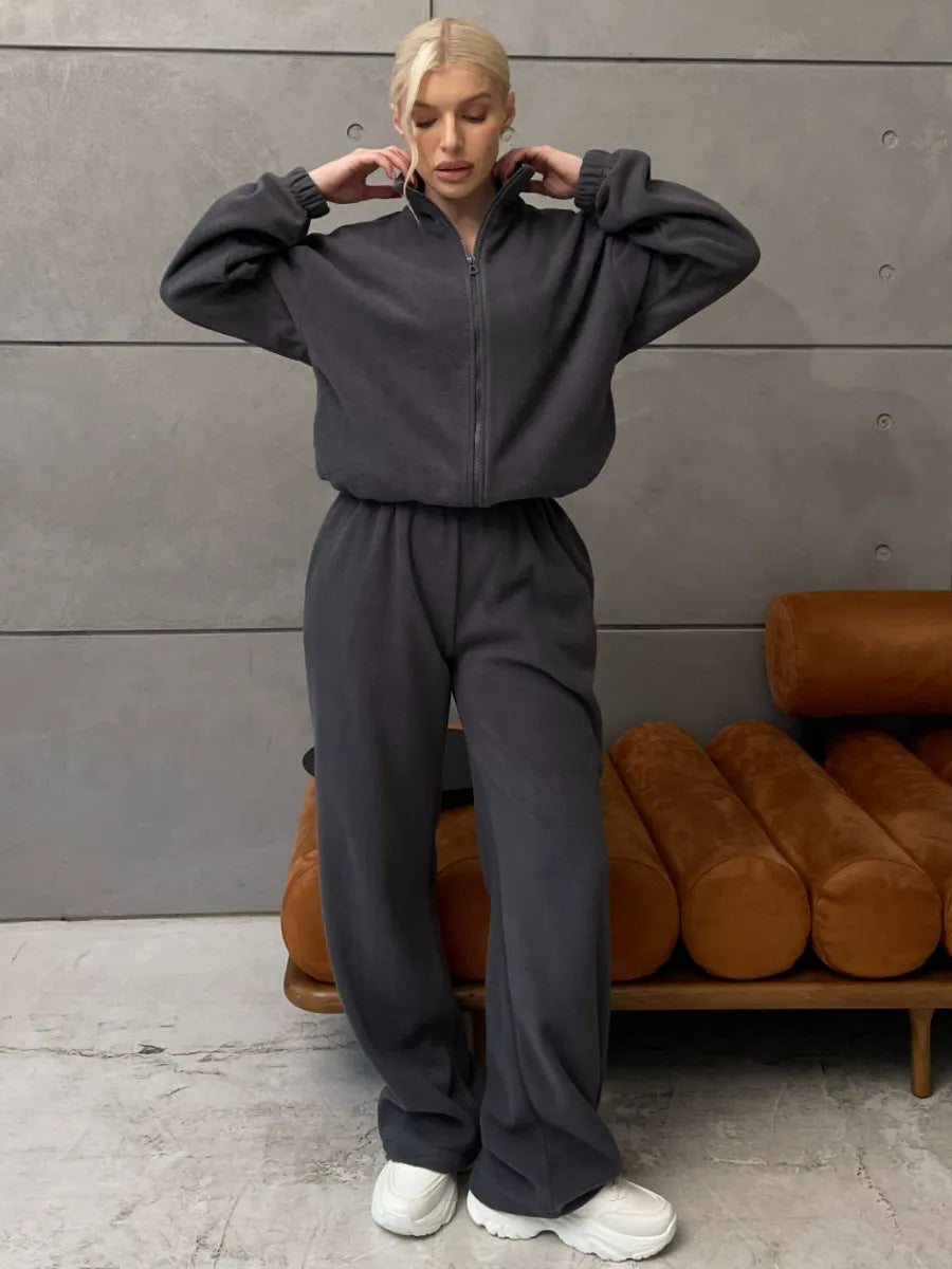 Damen sportliches Fleece-Jogginganzug mit hohem Kragen und hochwertigem Reißverschluss WW