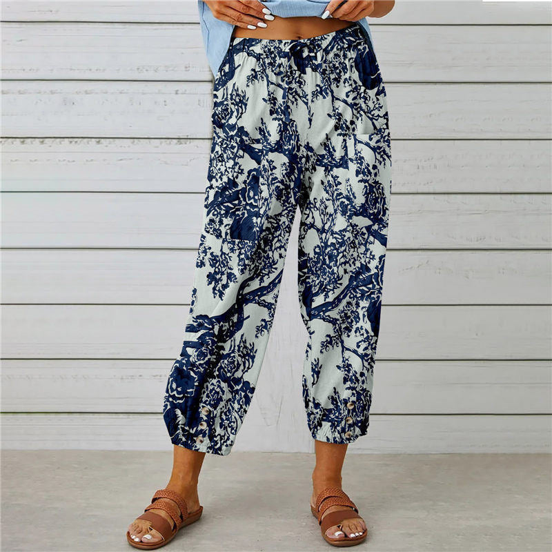 Damen modische Baumwoll-Hose mit floralem Design und elastischem Bund WW