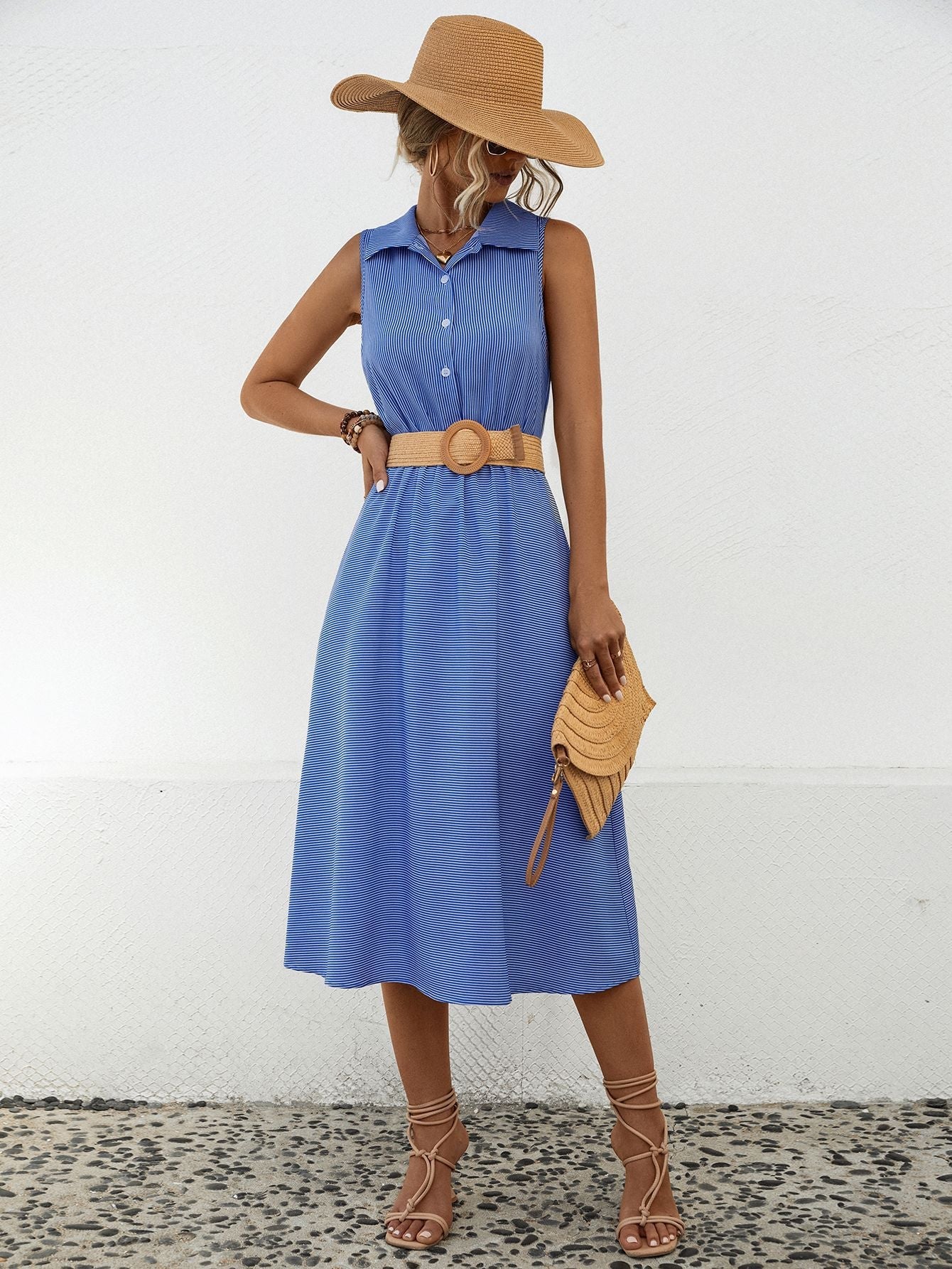 Damen Hemdblusenkleid im lässigen Freizeitstil mit Taillengürtel und Knopfdetails WW