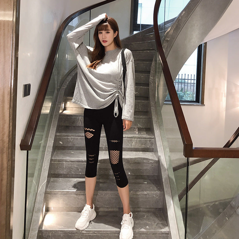 Damen Modische Leggings mit transparenten Netzdetails und Schleifen WW