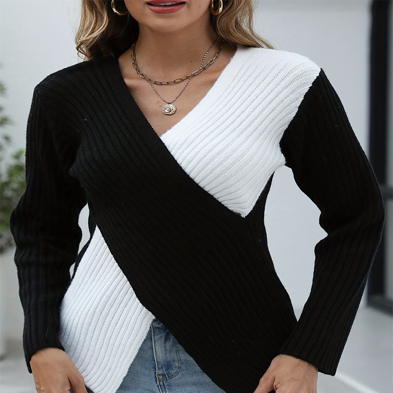 Damen Raffiniertes Strickoberteil mit V-Ausschnitt und asymmetrischem Design WW